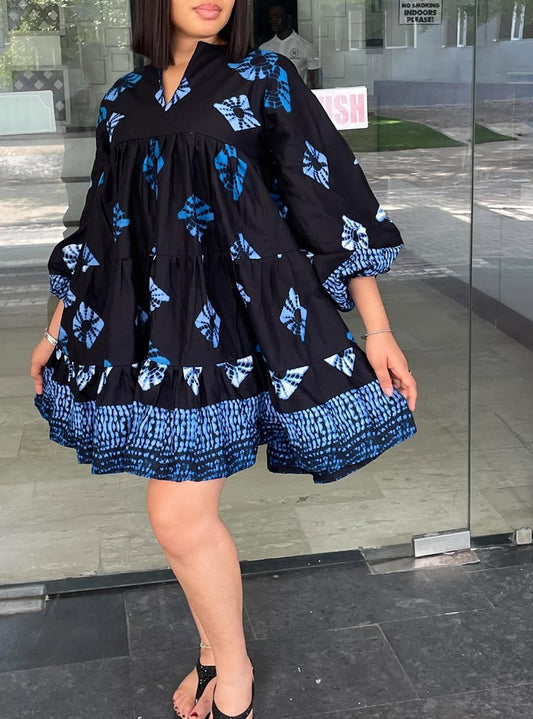 Geometric Print Stand Collar Tiered Swing Dress