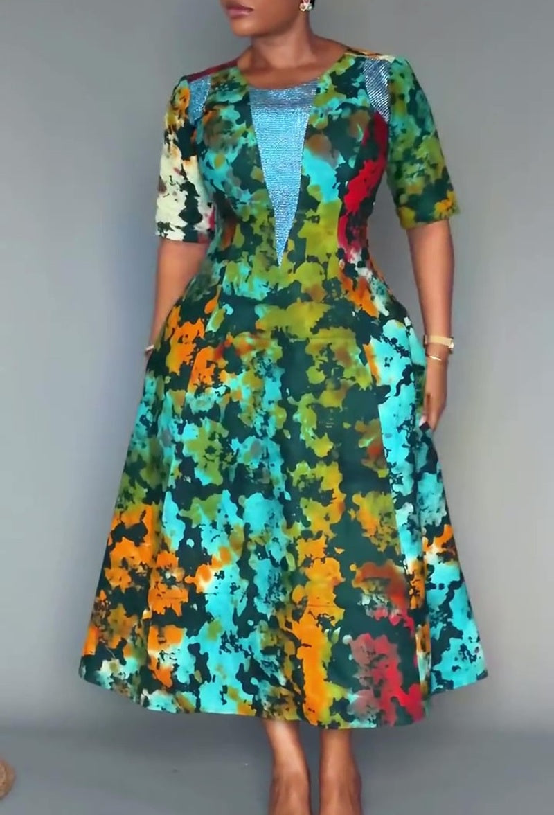 Tie Dye Print Sequin Panel Half Sleeve Fit And Flare Midi Dress