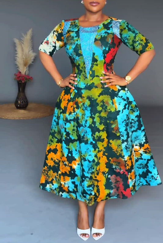 Tie Dye Print Sequin Panel Half Sleeve Fit And Flare Midi Dress