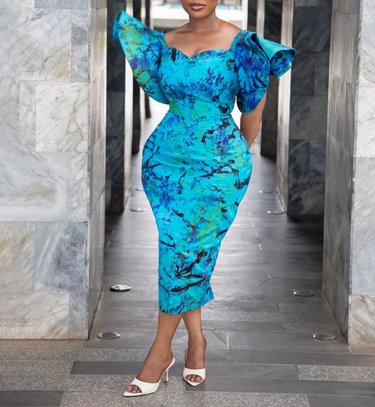 Marble Print Off Shoulder Ruffle Sleeve Bodycon Midi Dress