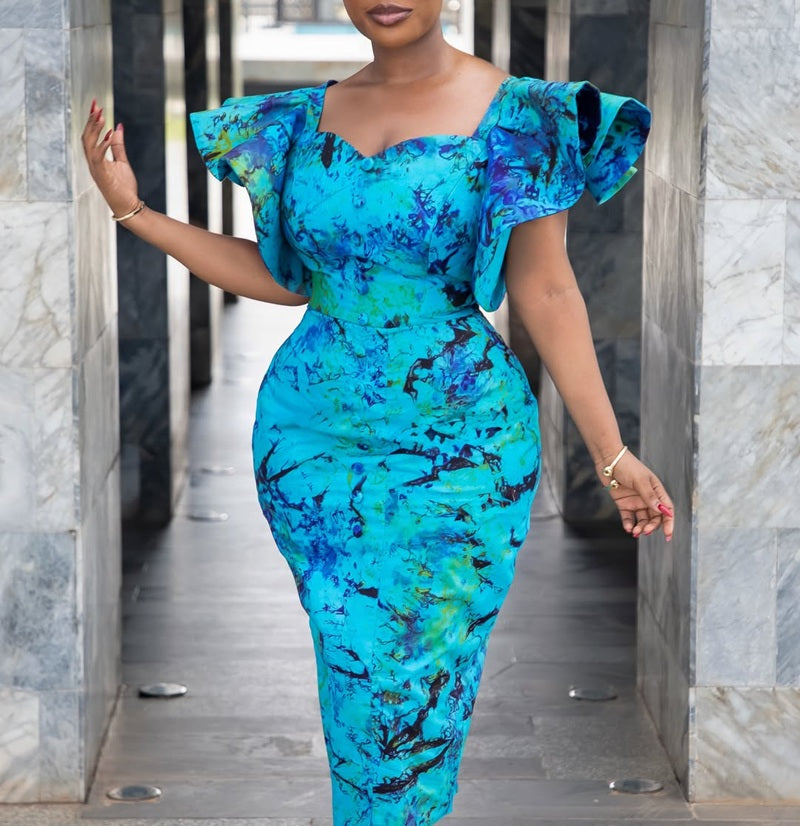 Marble Print Off Shoulder Ruffle Sleeve Bodycon Midi Dress