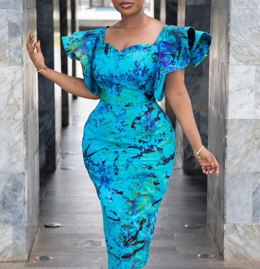 Marble Print Off Shoulder Ruffle Sleeve Bodycon Midi Dress