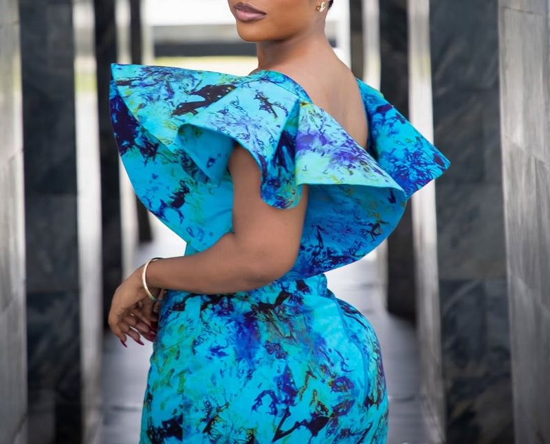 Marble Print Off Shoulder Ruffle Sleeve Bodycon Midi Dress