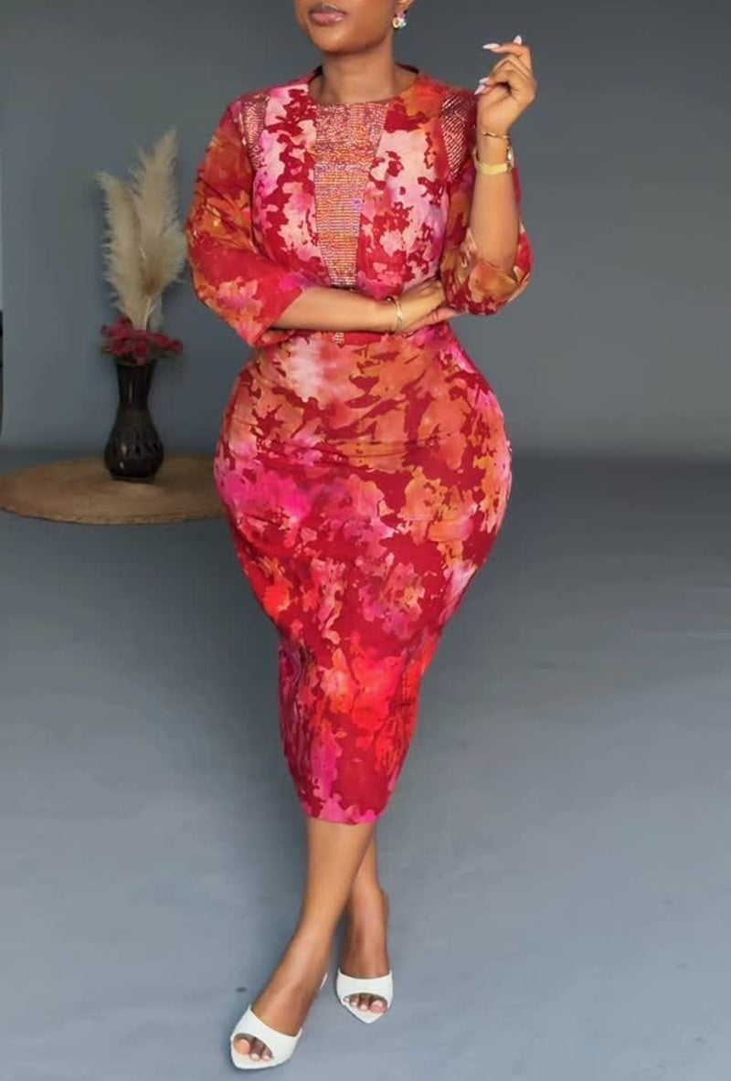 Tie Dye Print Rhinestone Panel 3/4 Sleeve Bodycon Midi Dress