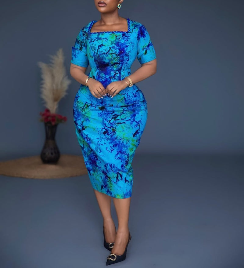 Watercolor Tie Dye Print Square Neck Short Sleeve Bodycon Midi Dress