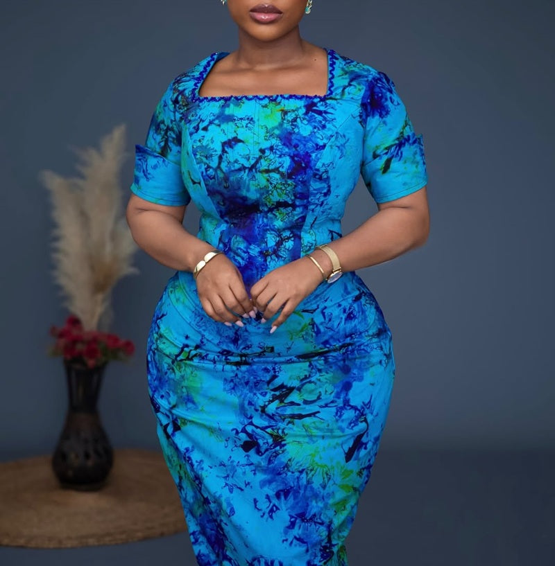 Watercolor Tie Dye Print Square Neck Short Sleeve Bodycon Midi Dress