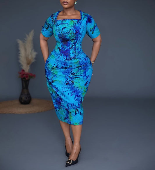 Watercolor Tie Dye Print Square Neck Short Sleeve Bodycon Midi Dress