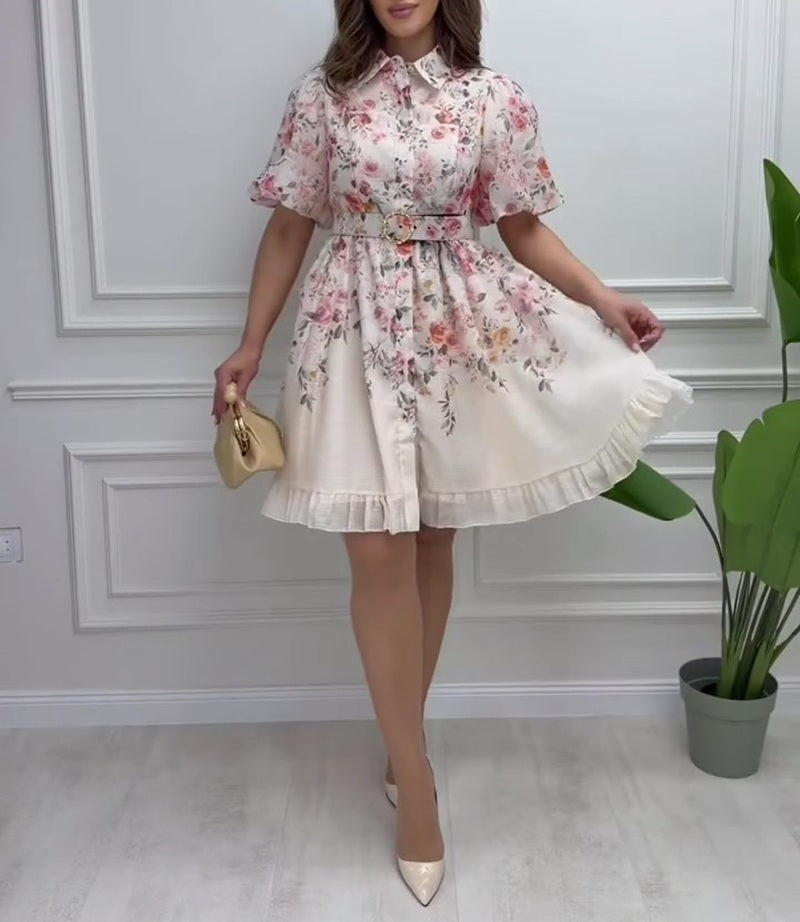 Belted Floral Ruffle Hem Shirt Dress
