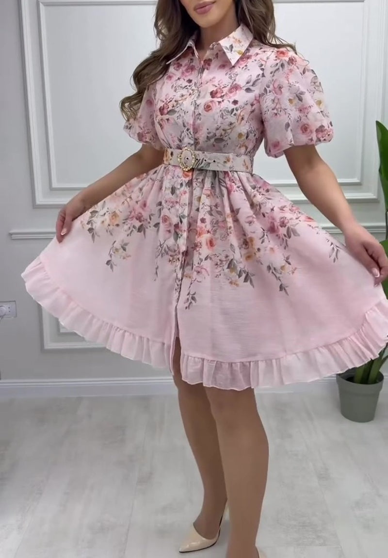 Belted Floral Ruffle Hem Shirt Dress