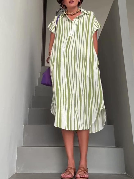 Striped Midi Shirt Dress With Pockets