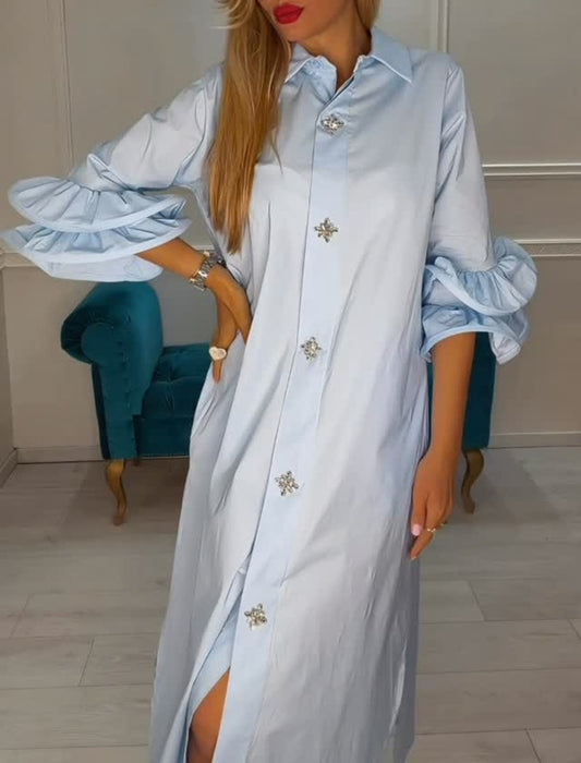 Ruffled Bell Sleeve Shirt Dress With Crystal Buttons