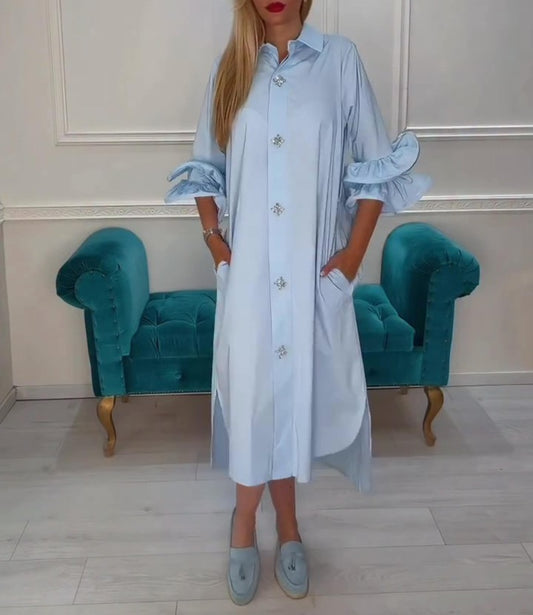Ruffled Bell Sleeve Shirt Dress With Crystal Buttons