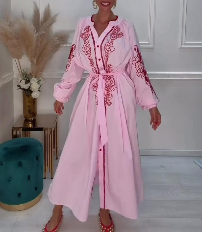 Floral Embroidered Belted Maxi Shirt Dress