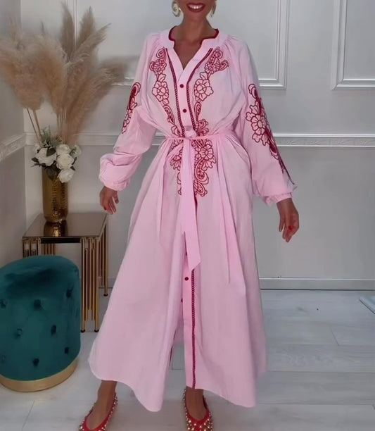 Floral Embroidered Belted Maxi Shirt Dress