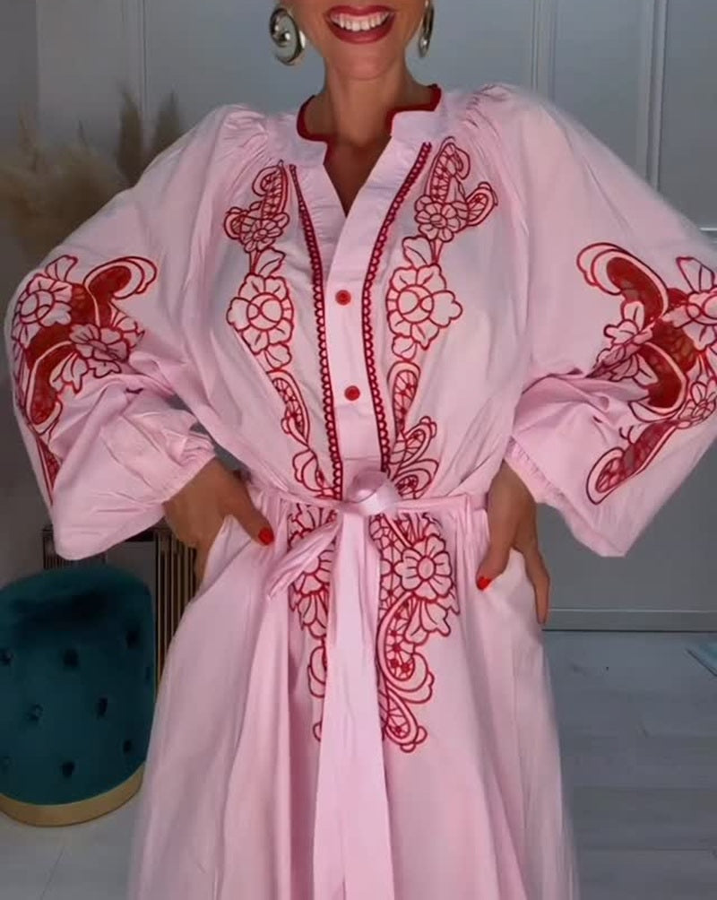 Floral Embroidered Belted Maxi Shirt Dress