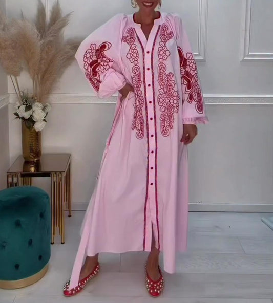 Floral Embroidered Belted Maxi Shirt Dress