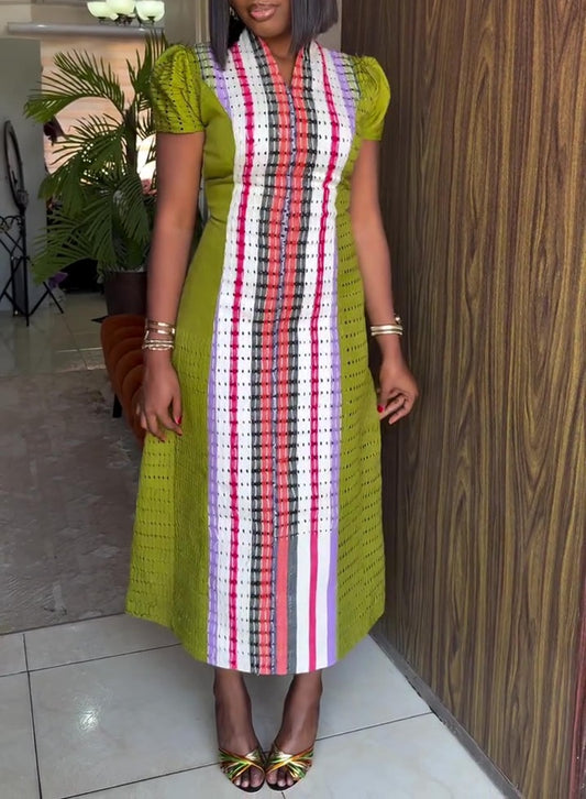 Color Block Striped Smocked Midi Dress