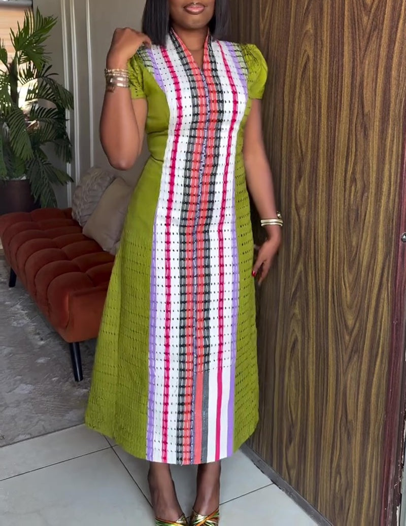 Color Block Striped Smocked Midi Dress