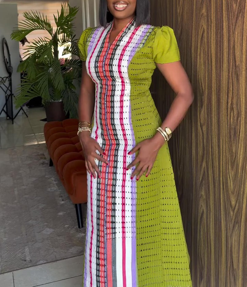 Color Block Striped Smocked Midi Dress