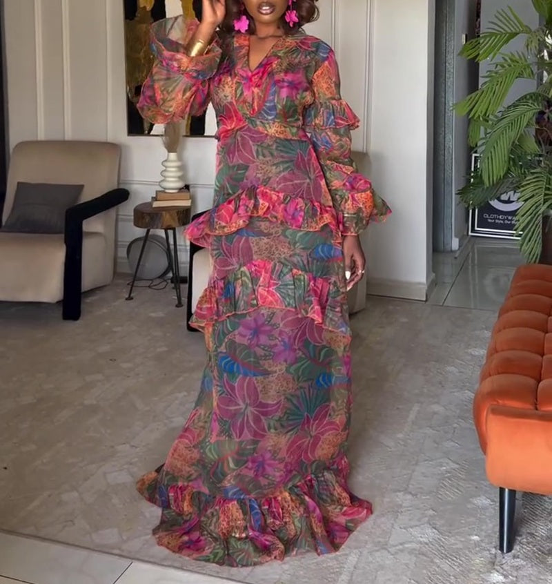 Floral Leopard Print Tiered Ruffle Maxi Dress