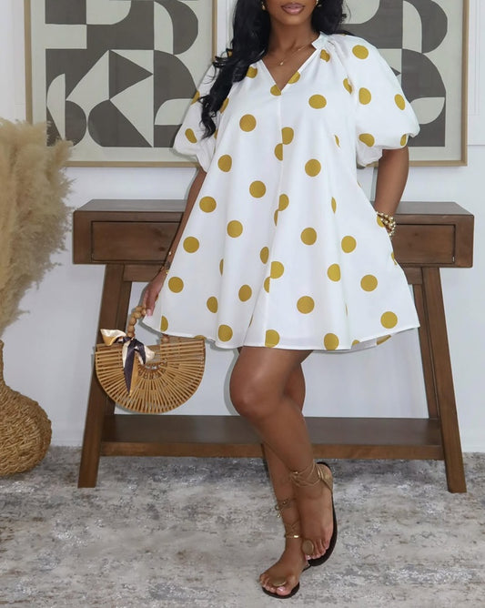 Polka Dot Puff Sleeve V-Neck Mini Dress