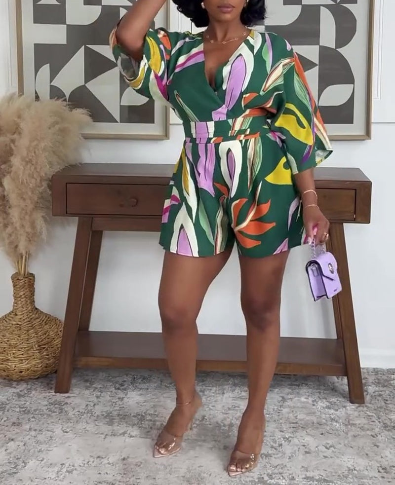 Multicolor Tropical Print V-Neck Belted Jumpsuit