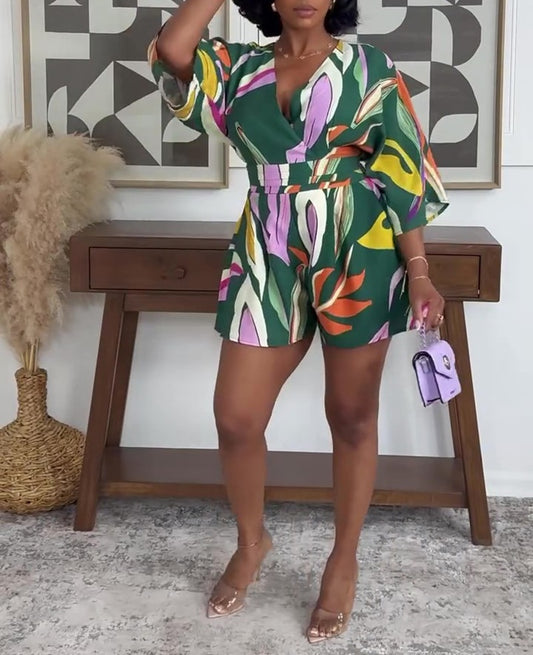 Multicolor Tropical Print V-Neck Belted Jumpsuit