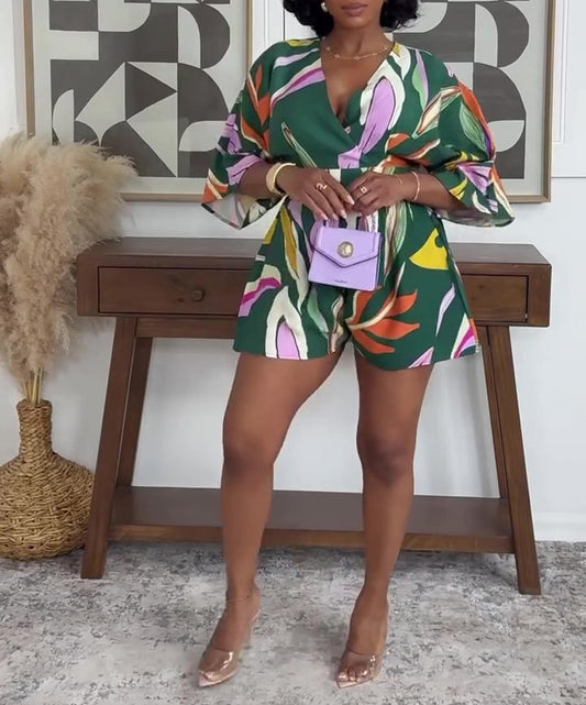 Multicolor Tropical Print V-Neck Belted Jumpsuit