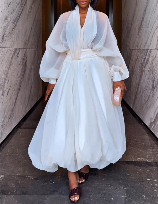 White Puff Sleeve Chiffon Wrap Maxi Dress