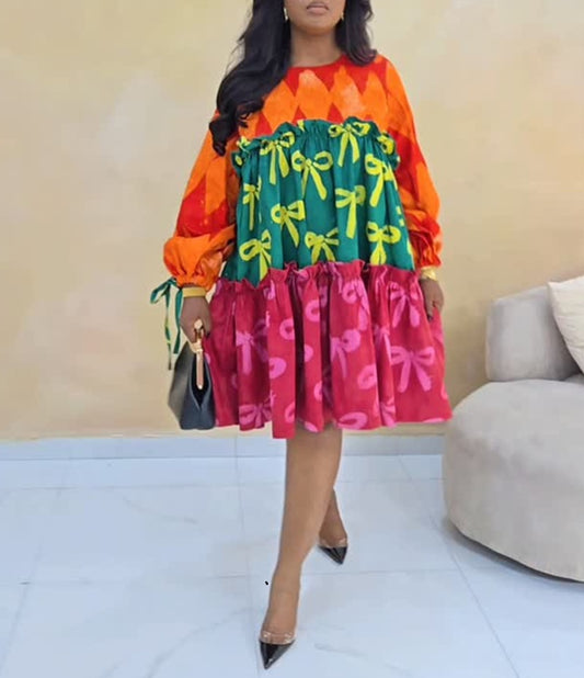 Vibrant Bow Print Tiered Midi Dress
