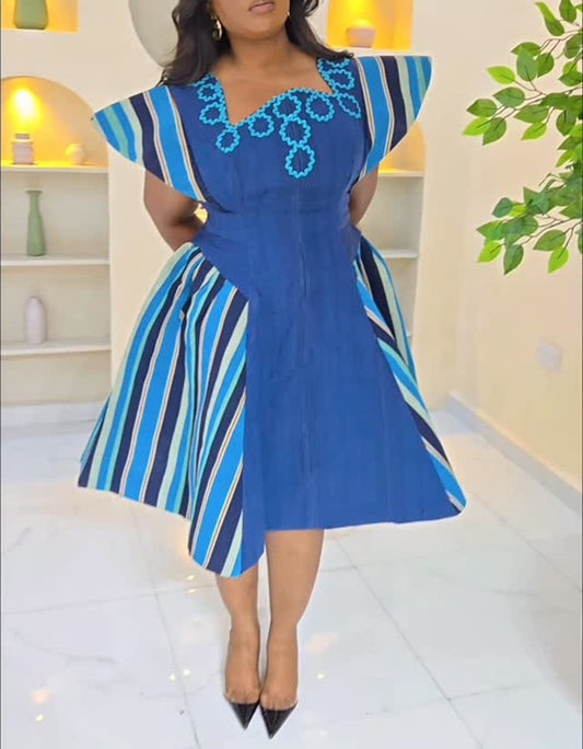 Geometric Embroidered Neckline Striped A-Line Midi Dress