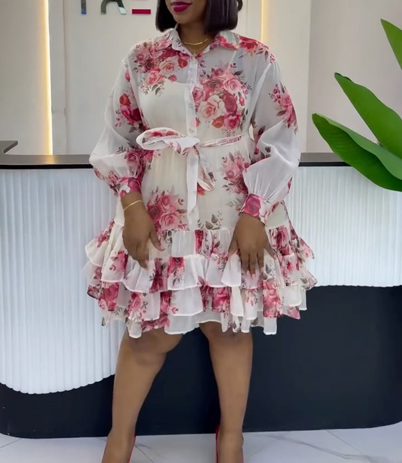 Floral Rose Print Chiffon Tiered Shirt Dress