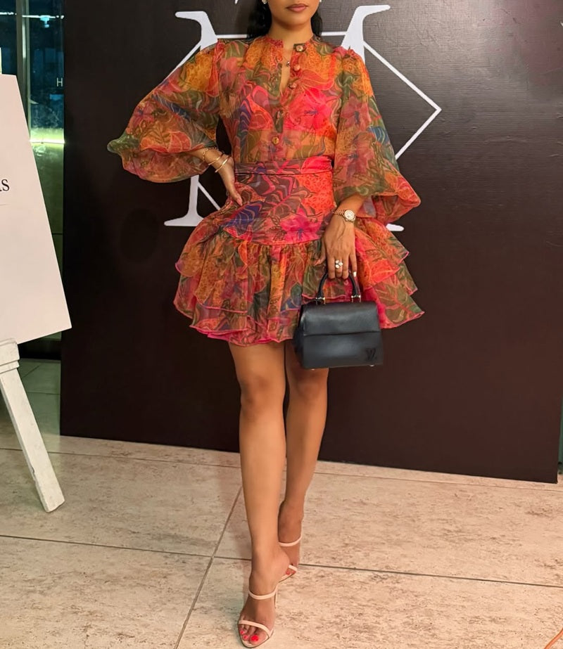 Floral Print Chiffon Tiered Ruffle Mini Dress