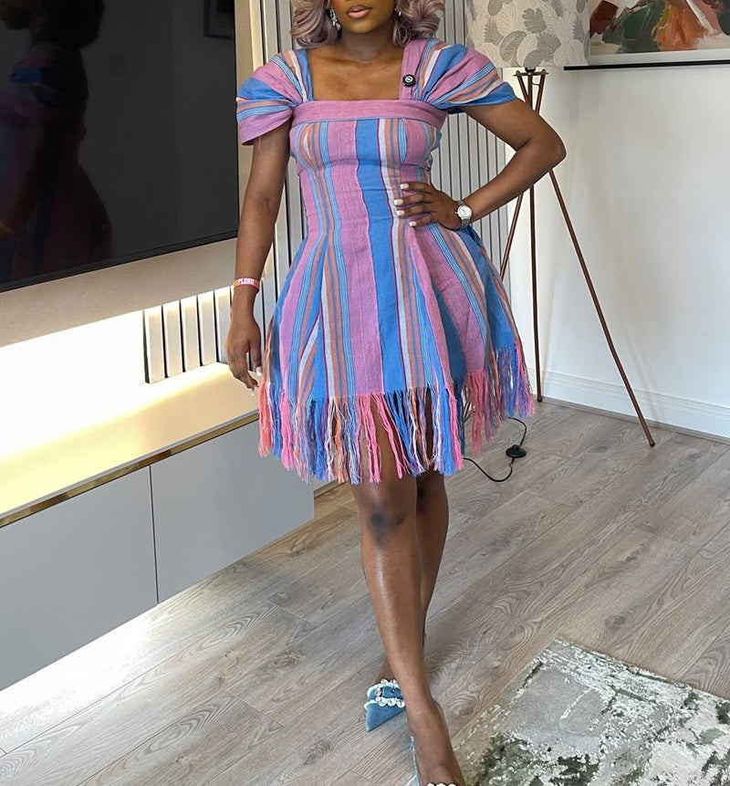 Bold Pink & Blue Striped Fringe Hem Mini Dress