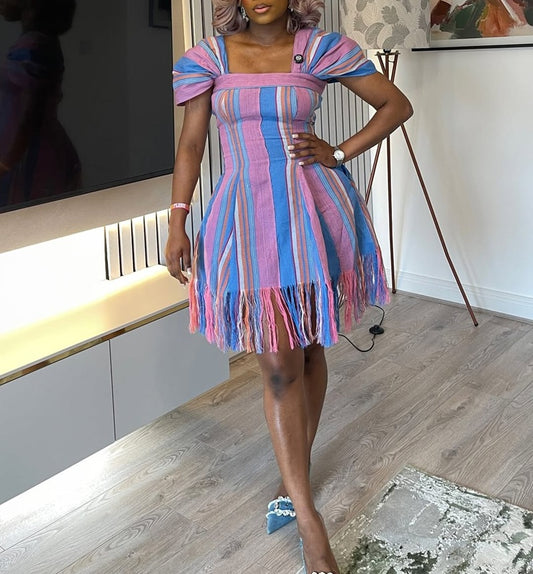 Bold Pink & Blue Striped Fringe Hem Mini Dress