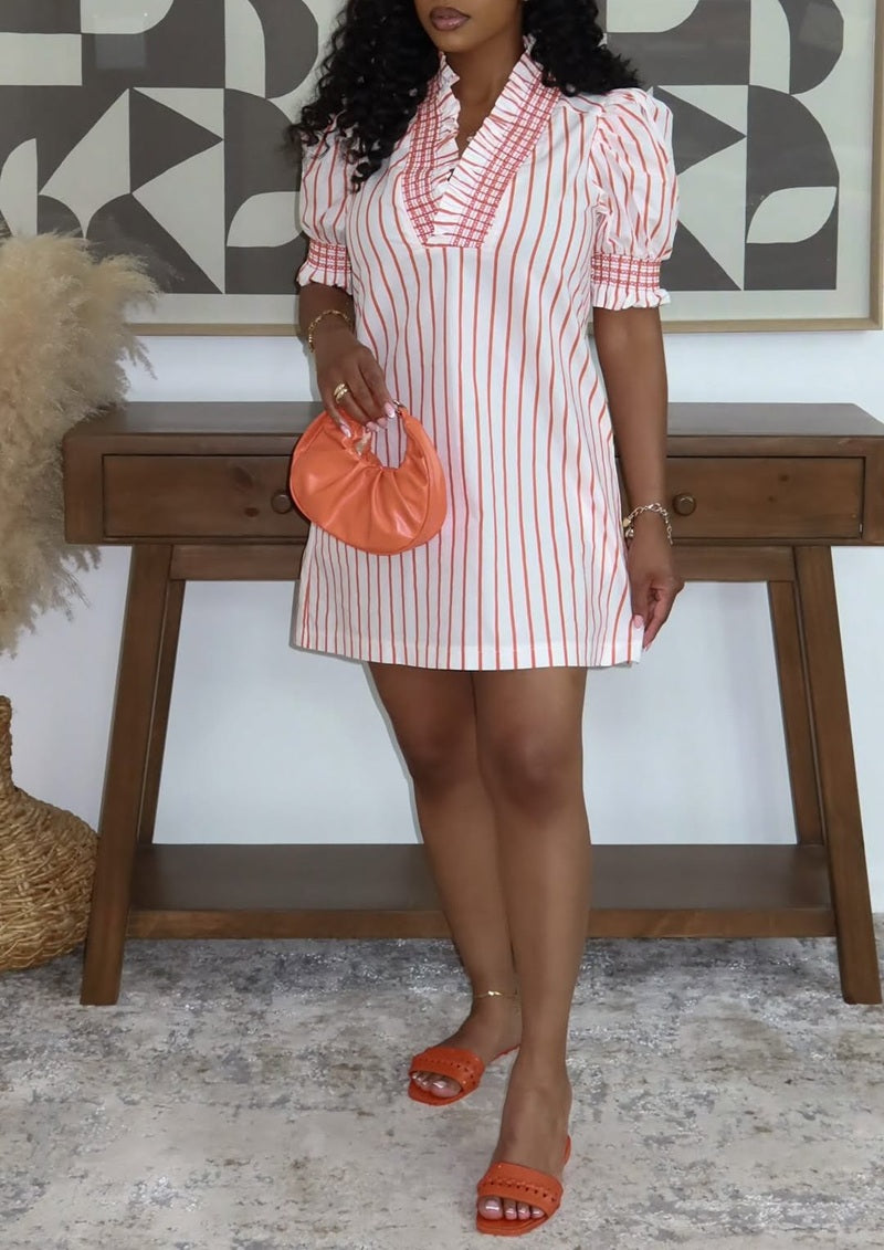 Chic Striped Ruffled V-Neck Shift Dress