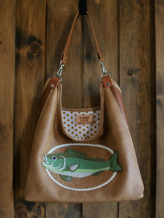 Women's Leather Tote Bag With Bass Fish Applique