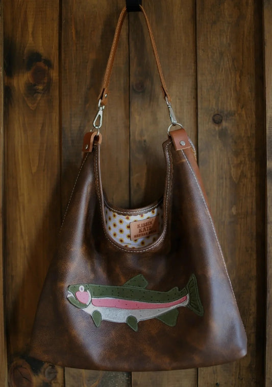 Women's Leather Tote Bag With Bass Fish Applique