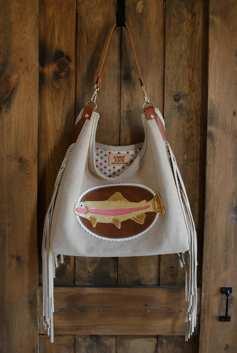 Women's Leather Tote Bag With Bass Fish Applique