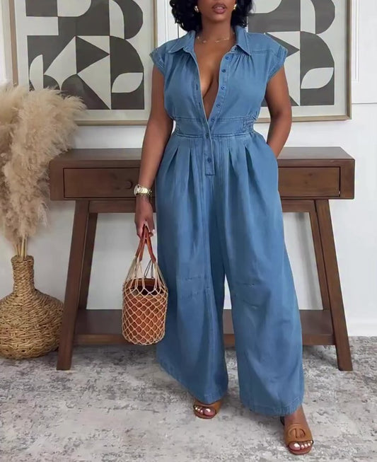 Denim Smocked Waist Wide Leg Jumpsuit With Pockets
