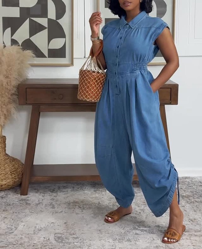 Denim Smocked Waist Wide Leg Jumpsuit With Pockets