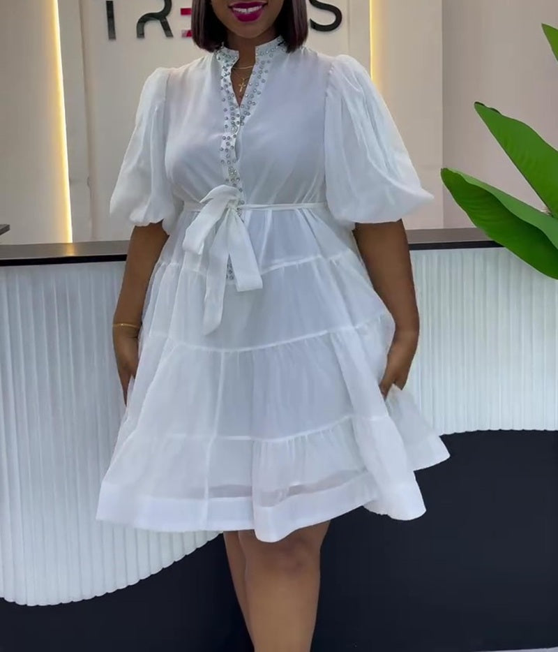 Beaded Collar Puff Sleeve Tiered Chiffon Mini Dress