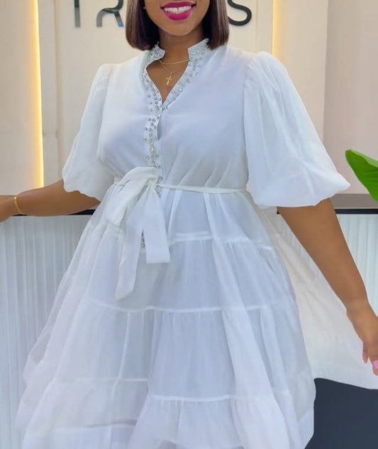 Beaded Collar Puff Sleeve Tiered Chiffon Mini Dress