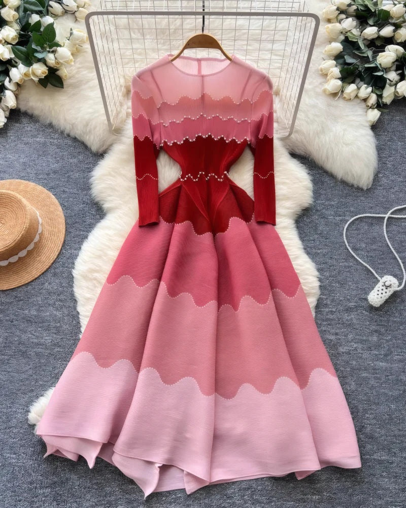 Ombre Wave Print Rhinestone Trim Pleated Flowy Evening Dress