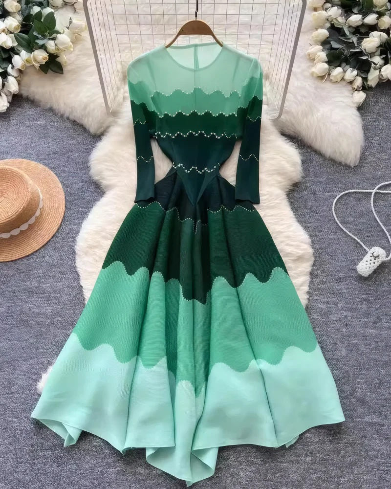 Ombre Wave Print Rhinestone Trim Pleated Flowy Evening Dress
