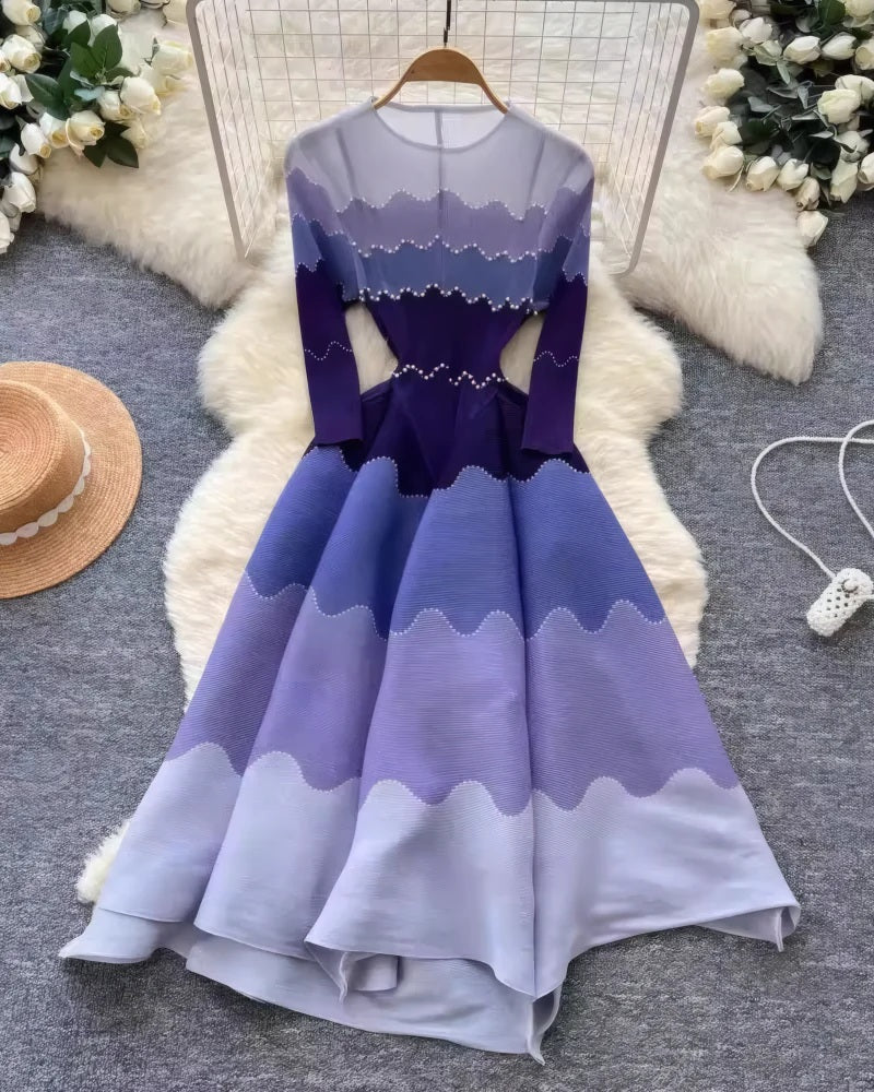 Ombre Wave Print Rhinestone Trim Pleated Flowy Evening Dress