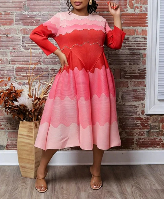 Ombre Wave Print Rhinestone Trim Pleated Flowy Evening Dress