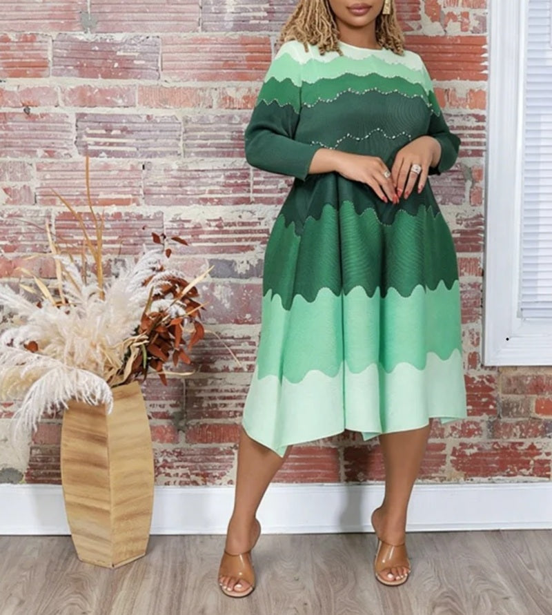 Ombre Wave Print Rhinestone Trim Pleated Flowy Evening Dress