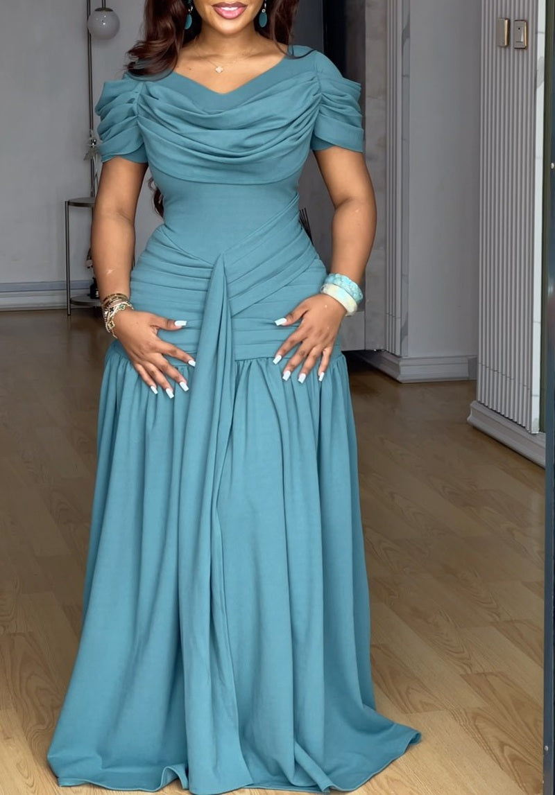 Draped Cowl Neck Ruched Maxi Evening Gown