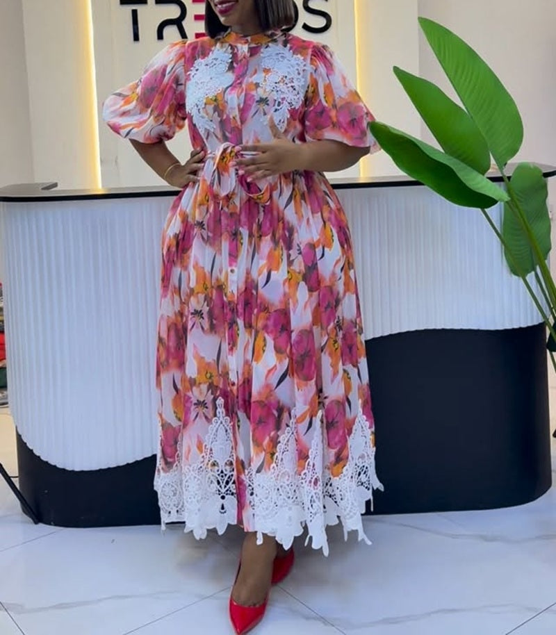 Floral Print Lace Trim Puff Sleeve Belted Midi Dress